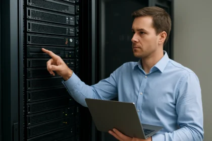 Férfi egy rack egységet ellenőriz egy szerverteremben.