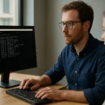 Két személy a számítógép előtt, traceroute parancsot futtatva.