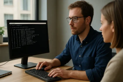 Két személy a számítógép előtt, traceroute parancsot futtatva.