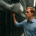 Mérnök ellenőrzi a hűtő ducting rendszert egy adatközpontban.