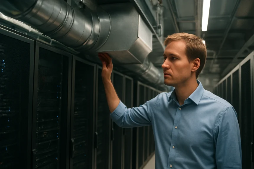 Mérnök ellenőrzi a hűtő ducting rendszert egy adatközpontban.