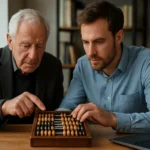 Két férfi az abakusz számológépet használja, tanulva a számolásról.