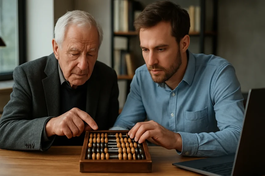 Két férfi az abakusz számológépet használja, tanulva a számolásról.