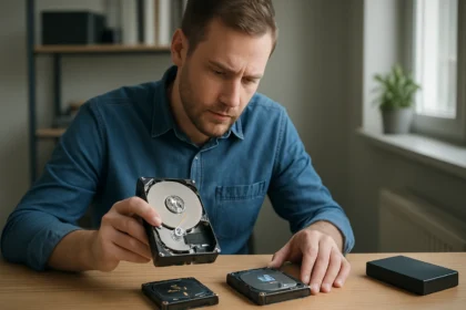 Merevlemez formátumok értékelése egy férfi által egy asztalon.