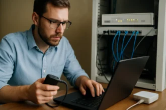 Technikai szakember dolgozik ISDN hálózaton laptop és eszköz segítségével.