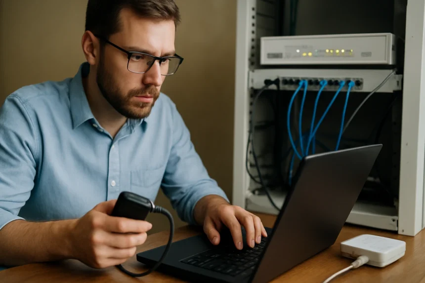 Technikai szakember dolgozik ISDN hálózaton laptop és eszköz segítségével.