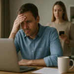 Férfi, aki döntéshozatali stresszel küzd laptop előtt.