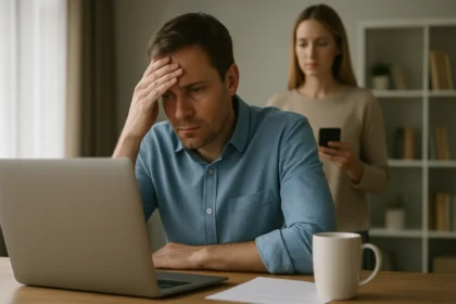 Férfi, aki döntéshozatali stresszel küzd laptop előtt.