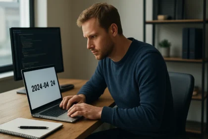 Férfi számítógépen ISO 8601 dátumformátumot használ.