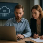 Két szakértő együtt dolgozik felhőbiztonsági kontrollokon modern irodában.