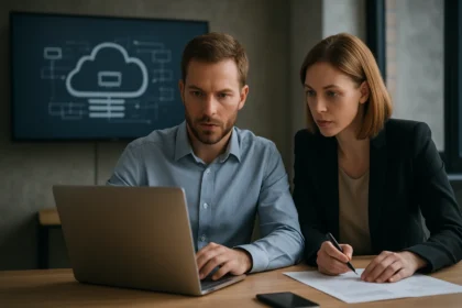 Két szakértő együtt dolgozik felhőbiztonsági kontrollokon modern irodában.