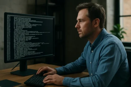 Férfi log fájlokat elemző számítógép előtt