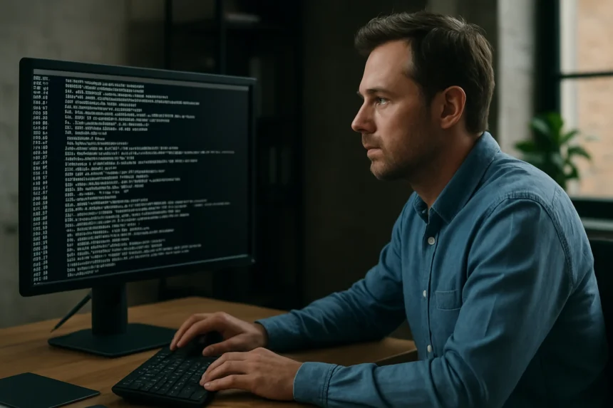 Férfi log fájlokat elemző számítógép előtt
