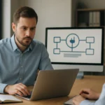 Férfi és nő hibatűrésről beszélgetnek az irodában