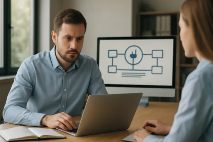 Férfi és nő hibatűrésről beszélgetnek az irodában