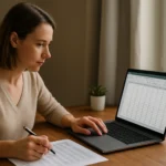 Nő táblázatokkal foglalkozik Excel programban, cellahivatkozás használatával.