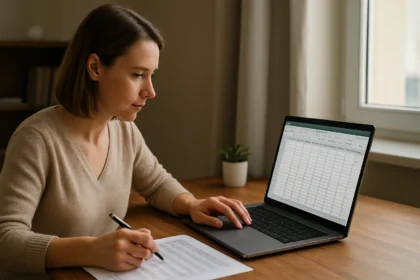 Nő táblázatokkal foglalkozik Excel programban, cellahivatkozás használatával.