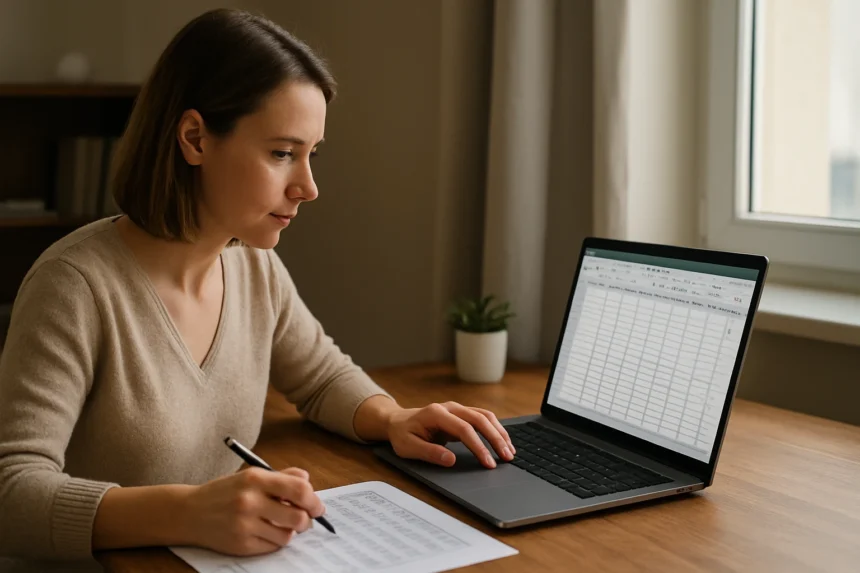 Nő táblázatokkal foglalkozik Excel programban, cellahivatkozás használatával.