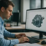 Férfi CAD szoftveren dolgozik 3D modell tervezésén.