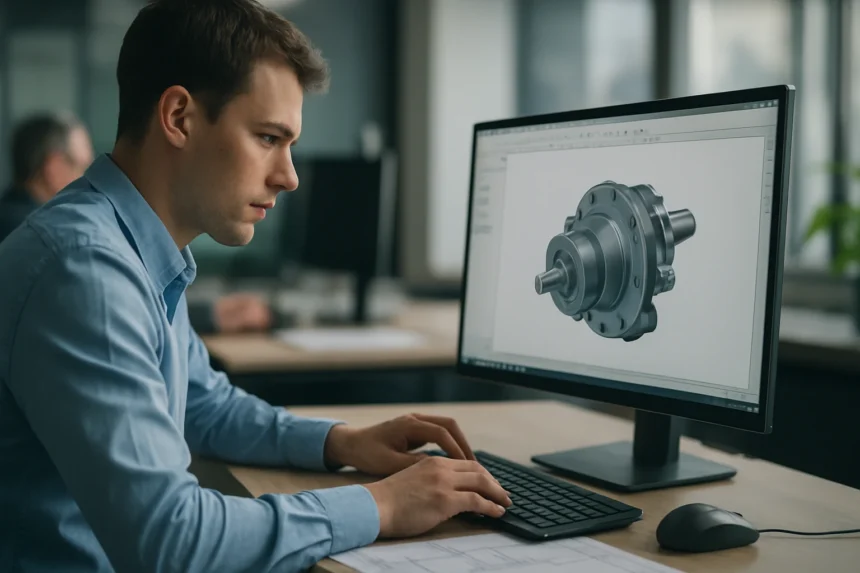 Férfi CAD szoftveren dolgozik 3D modell tervezésén.