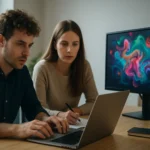 Két ember kreatív munkát végez számítógép előtt technológia segítségével.