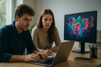 Két ember kreatív munkát végez számítógép előtt technológia segítségével.