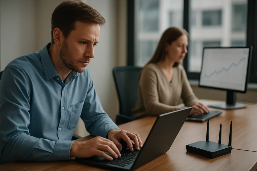 Két informatikus dolgozik adatátviteli sebesség mérésén.