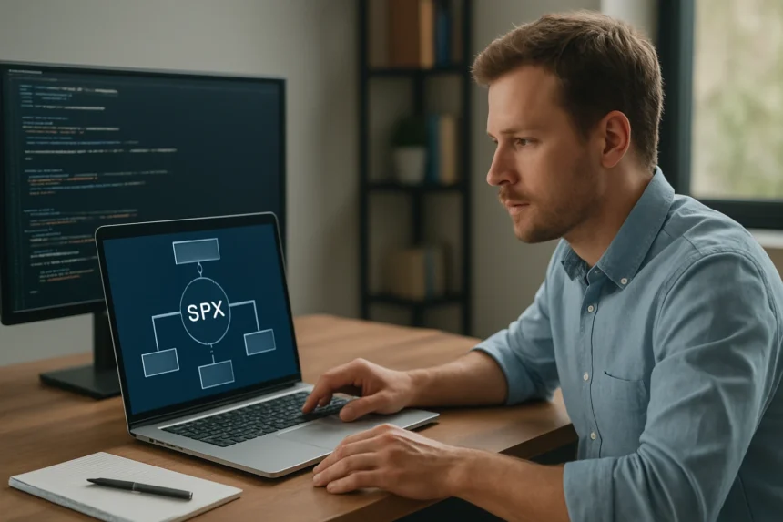 Férfi SPX protokoll diagrammal laptop előtt ülve.