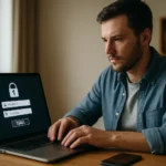 Férfi bejelentkezik a laptopján, digitális azonosítási folyamat