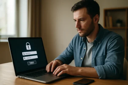 Férfi bejelentkezik a laptopján, digitális azonosítási folyamat