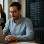 A férfi laptopon dolgozik szoftveresen definiált tárolás használatával.