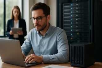 A férfi laptopon dolgozik szoftveresen definiált tárolás használatával.