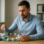 Férfi vezérjeles gyűrű modellel dolgozik számítógép mellett.