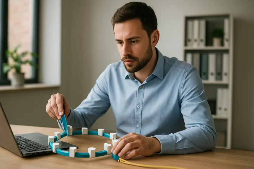 Férfi vezérjeles gyűrű modellel dolgozik számítógép mellett.