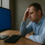 Férfi, aki stresszel számítógépének kék képernyője előtt