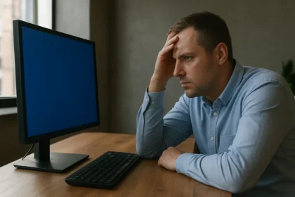 Férfi, aki stresszel számítógépének kék képernyője előtt