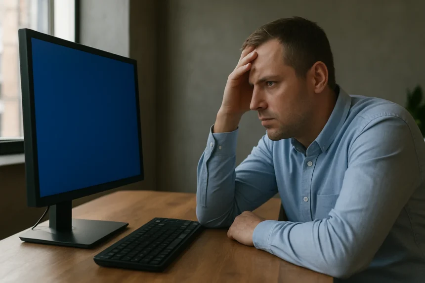 Férfi, aki stresszel számítógépének kék képernyője előtt