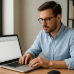 Férfi dolgozik laptopon, eszköztárral szerkesztőprogramban