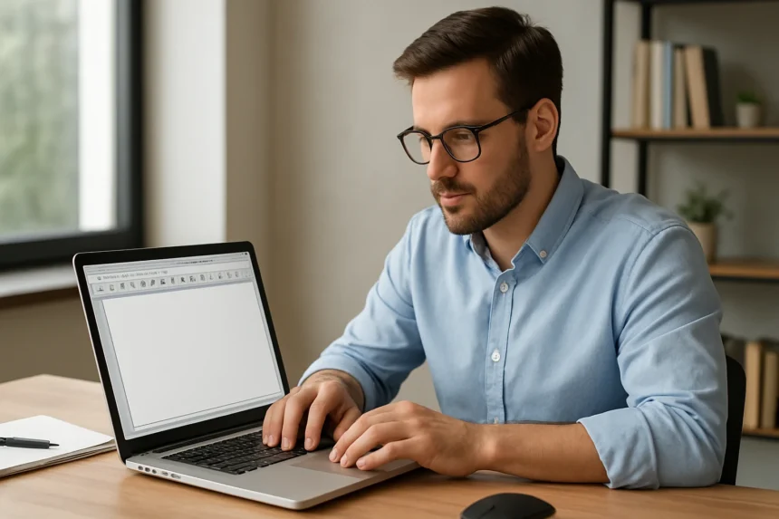 Férfi dolgozik laptopon, eszköztárral szerkesztőprogramban