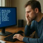 Felhasználó, aki technikai hibákkal foglalkozik a számítógépen.