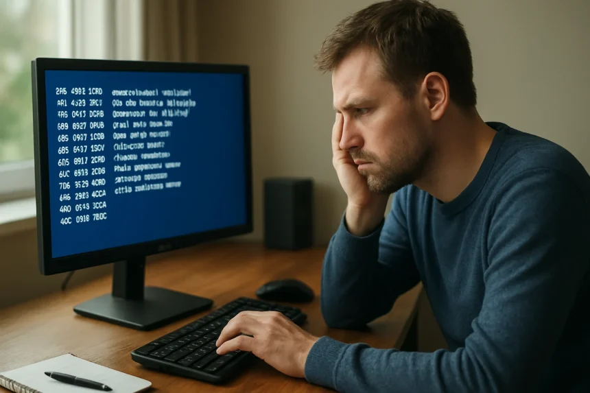 Felhasználó, aki technikai hibákkal foglalkozik a számítógépen.