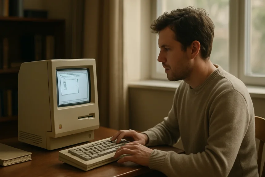 Egy férfi a Macintosh számítógépen dolgozik, amely forradalmasította a grafikus felületet.