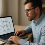 Férfi laptopot használ az IDEA titkosító algoritmus diagramjával.