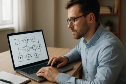 Férfi laptopot használ az IDEA titkosító algoritmus diagramjával.