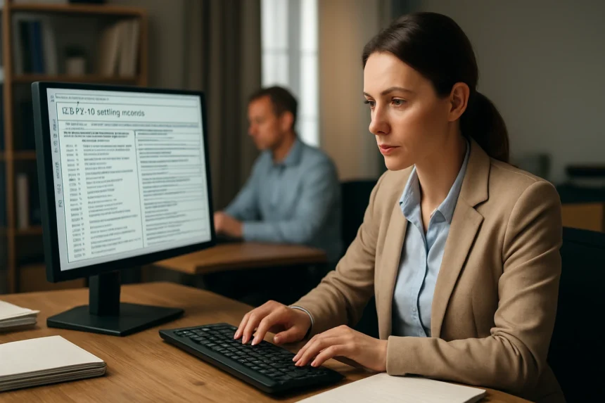 Női szakember ICD-10-PCS kódokat szerkeszt egy számítógépen