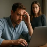 A worried man looks at a laptop while a woman observes, concerned.