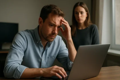 A worried man looks at a laptop while a woman observes, concerned.