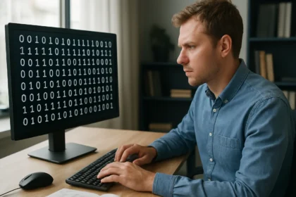 Férfi számítógépnél, bináris kódot nézve a monitoron.