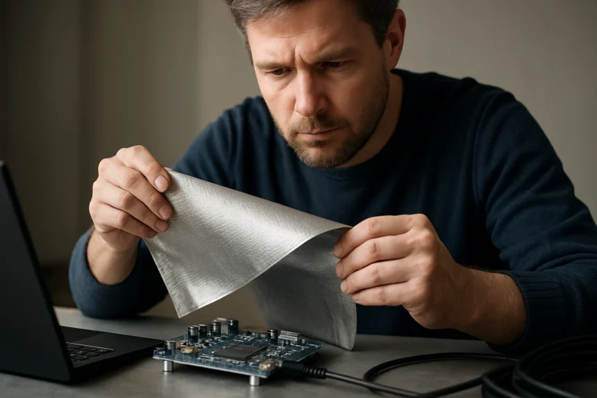 Férfi elektromágneses árnyékolást alkalmaz egy elektronikai eszközön.