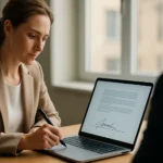 Digitális aláírást készítő nő laptop előtt.